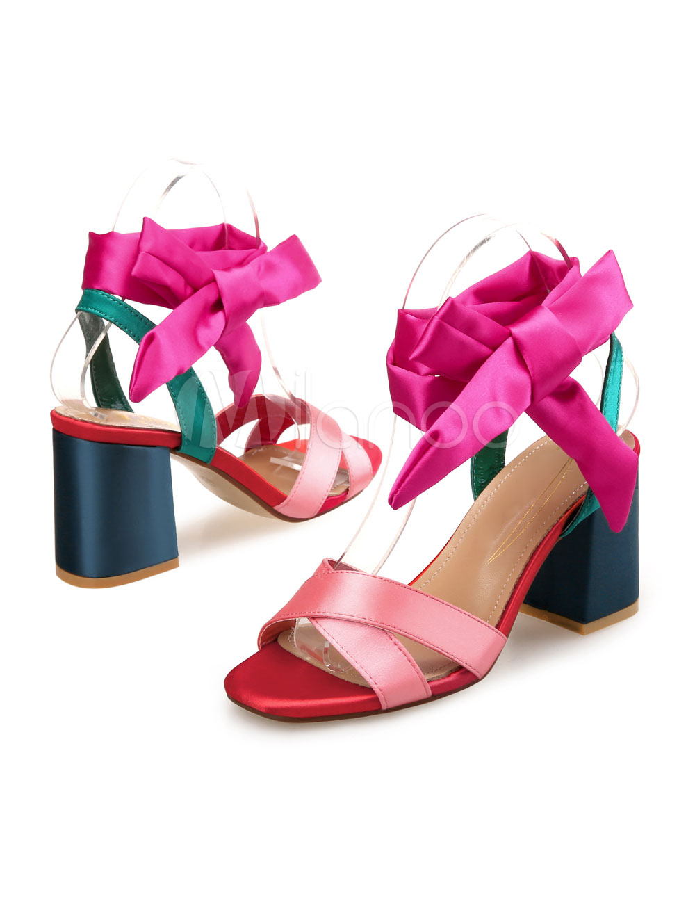 Satin High Heel Sandals Open Toe Ankle Strap Chunky Heel Sandal Shoes ...