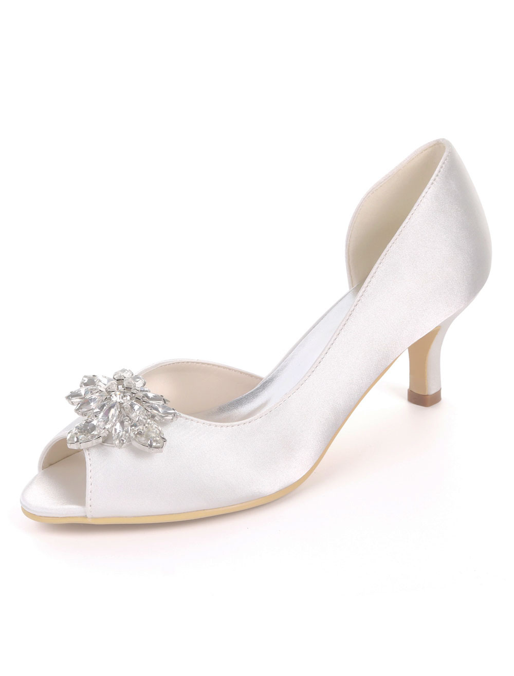 Satin Wedding Shoes Ink Blue Peep Toe Rhinestones Mother Shoes Kitten