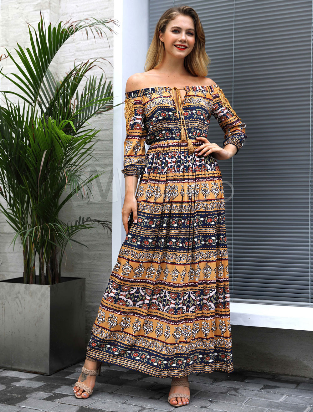 Boho Maxi Dress Long Sleeve Printed Off The Shoulder Lace Bardot Dress ...