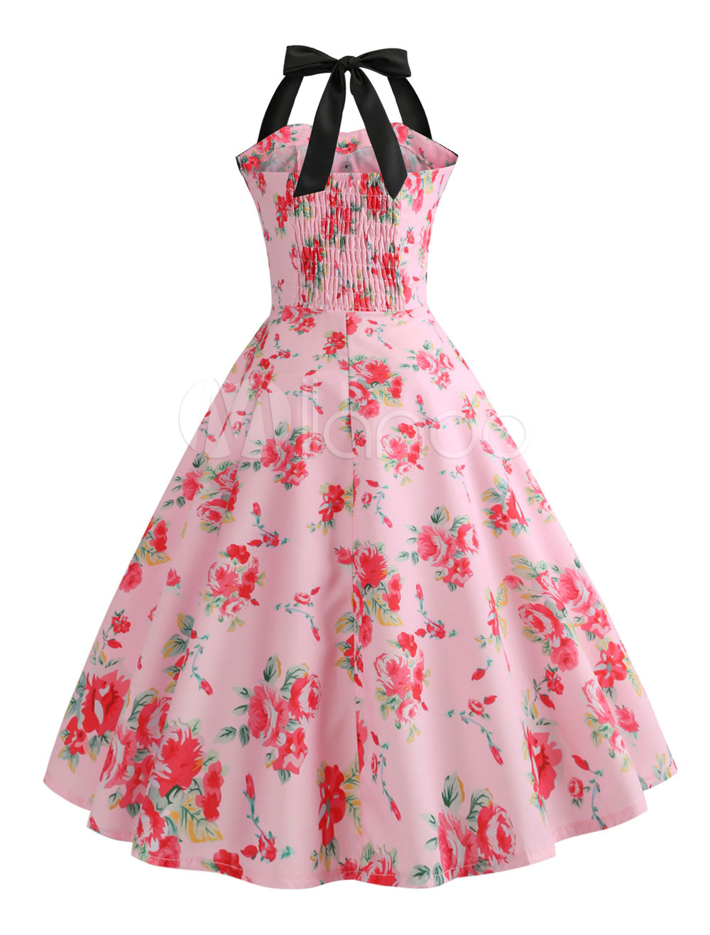 Floral Vintage Dress Pink Summer Dress Halter Buttons Pin Up Dress ...