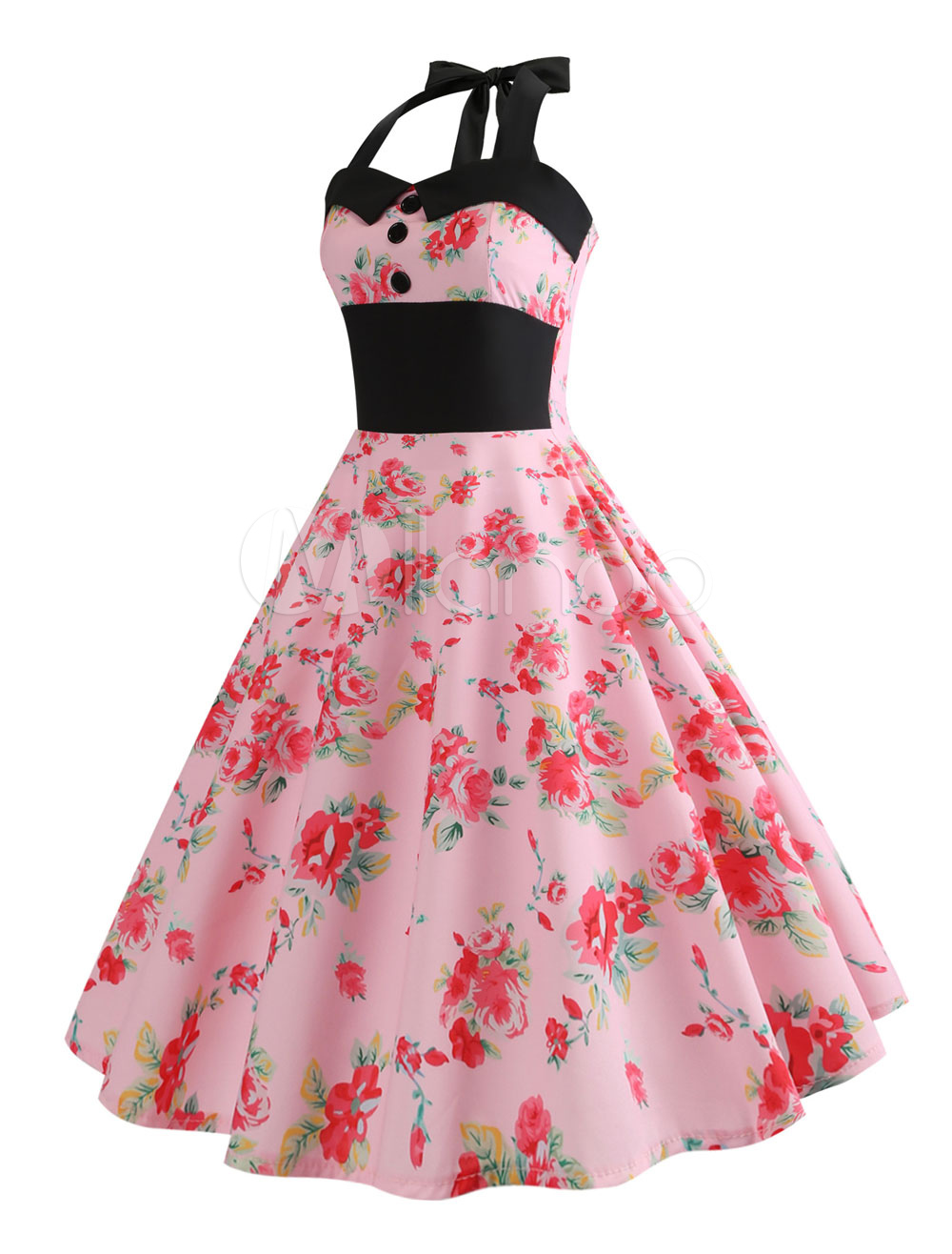 Floral Vintage Dress Pink Summer Dress Halter Buttons Pin Up Dress ...