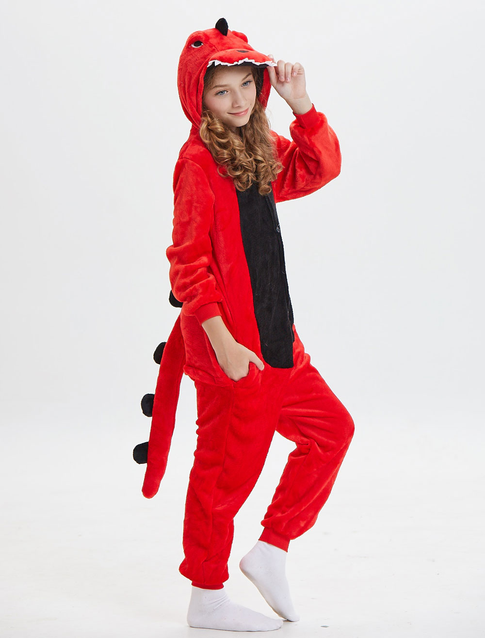 Kids Dinosaur Kigurumi Onesie Pajamas Flannel Red Onesie Hooded Winter ...