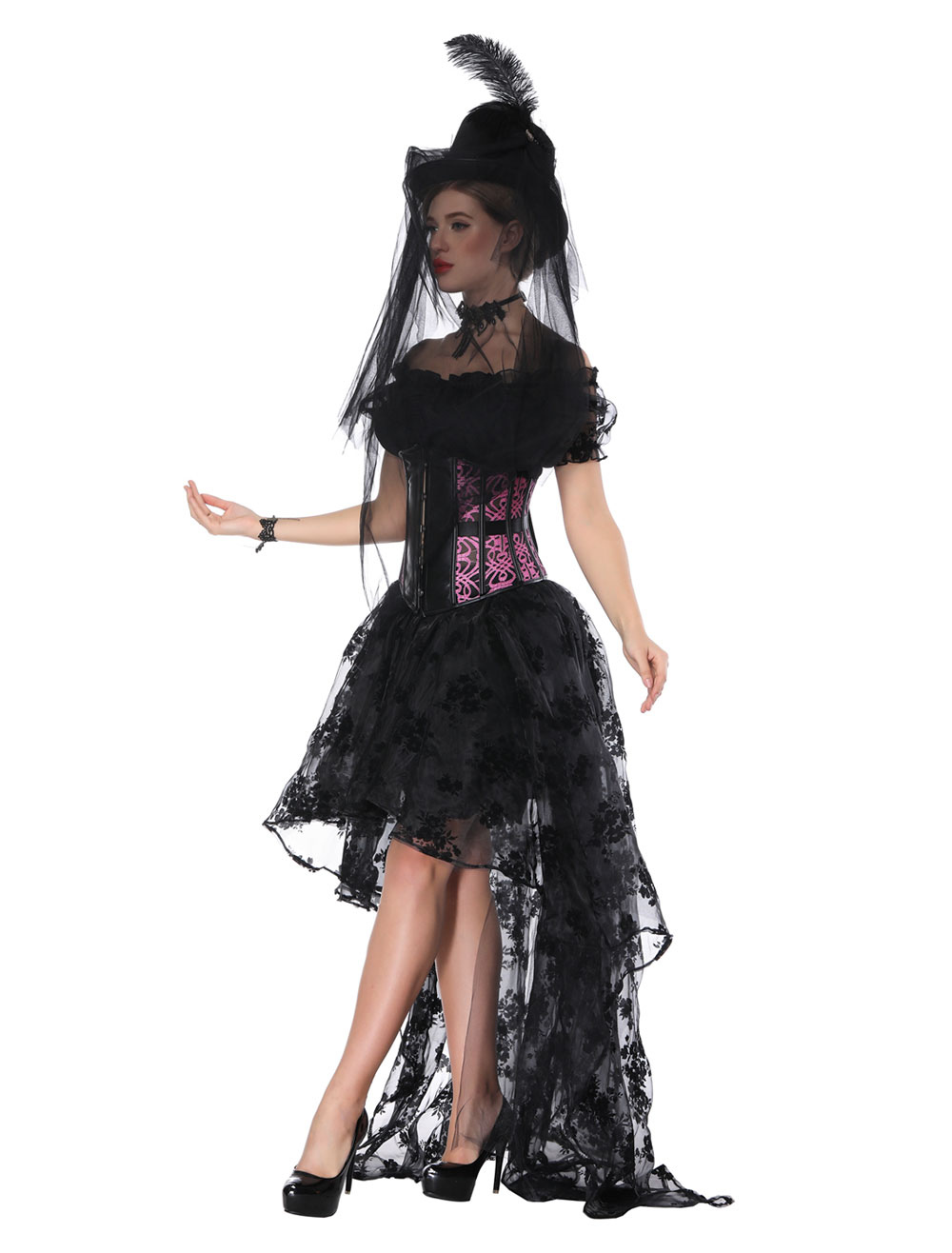 Costume Gothique Déguisements Halloween Femmes Noires Jupe Asymétrique Et Corset 9019