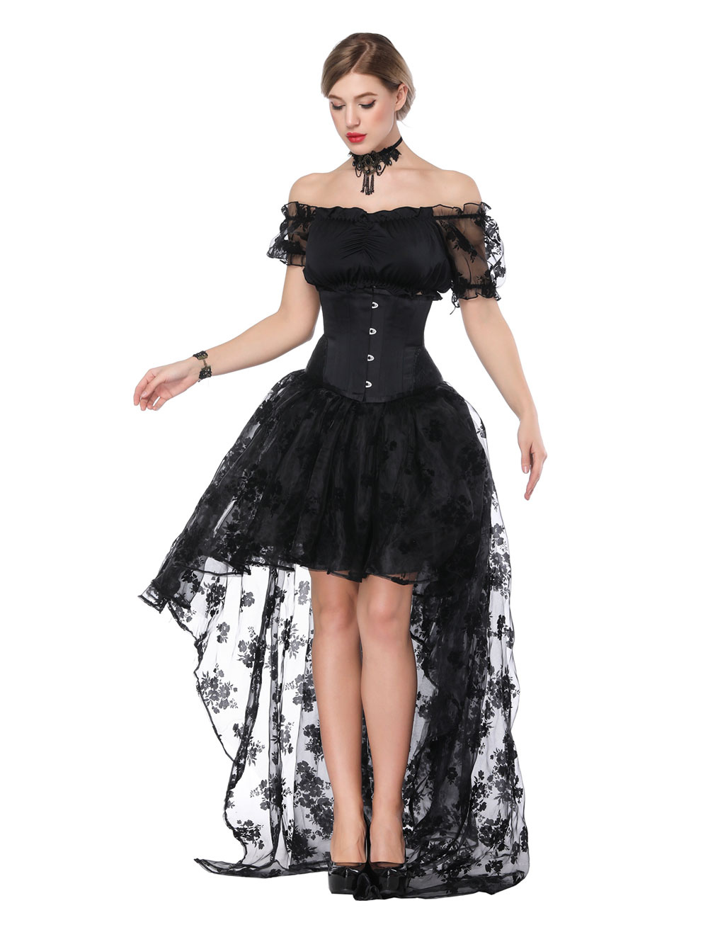 Retro Déguisements Halloween Costume Femmes Noir à Manches Courtes Top Taille Formateur Corset 5532