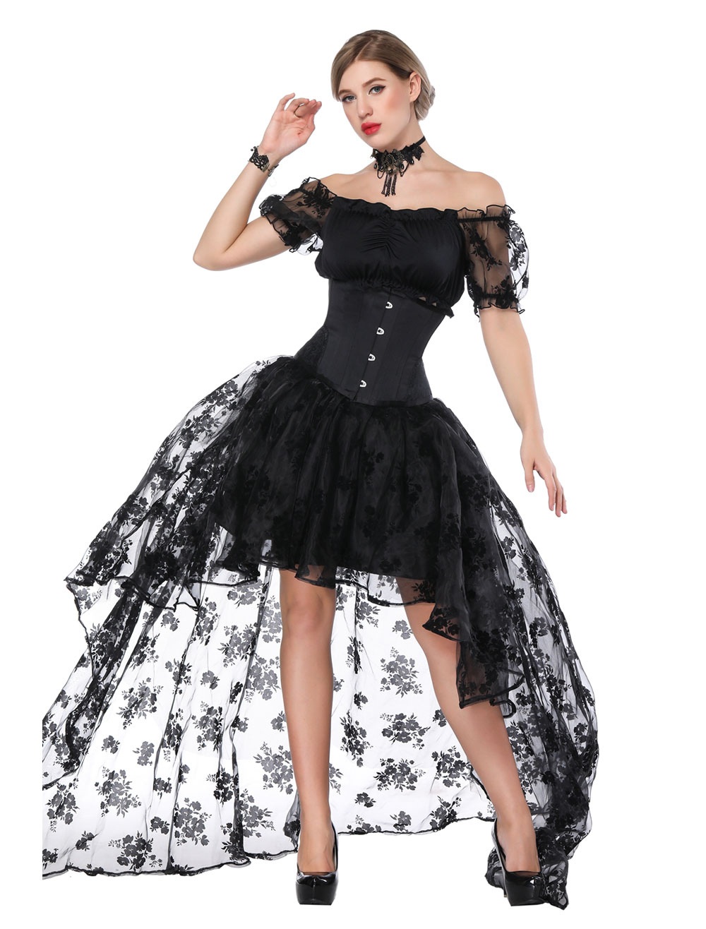 Retro Déguisements Halloween Costume femmes noir à manches courtes Top
