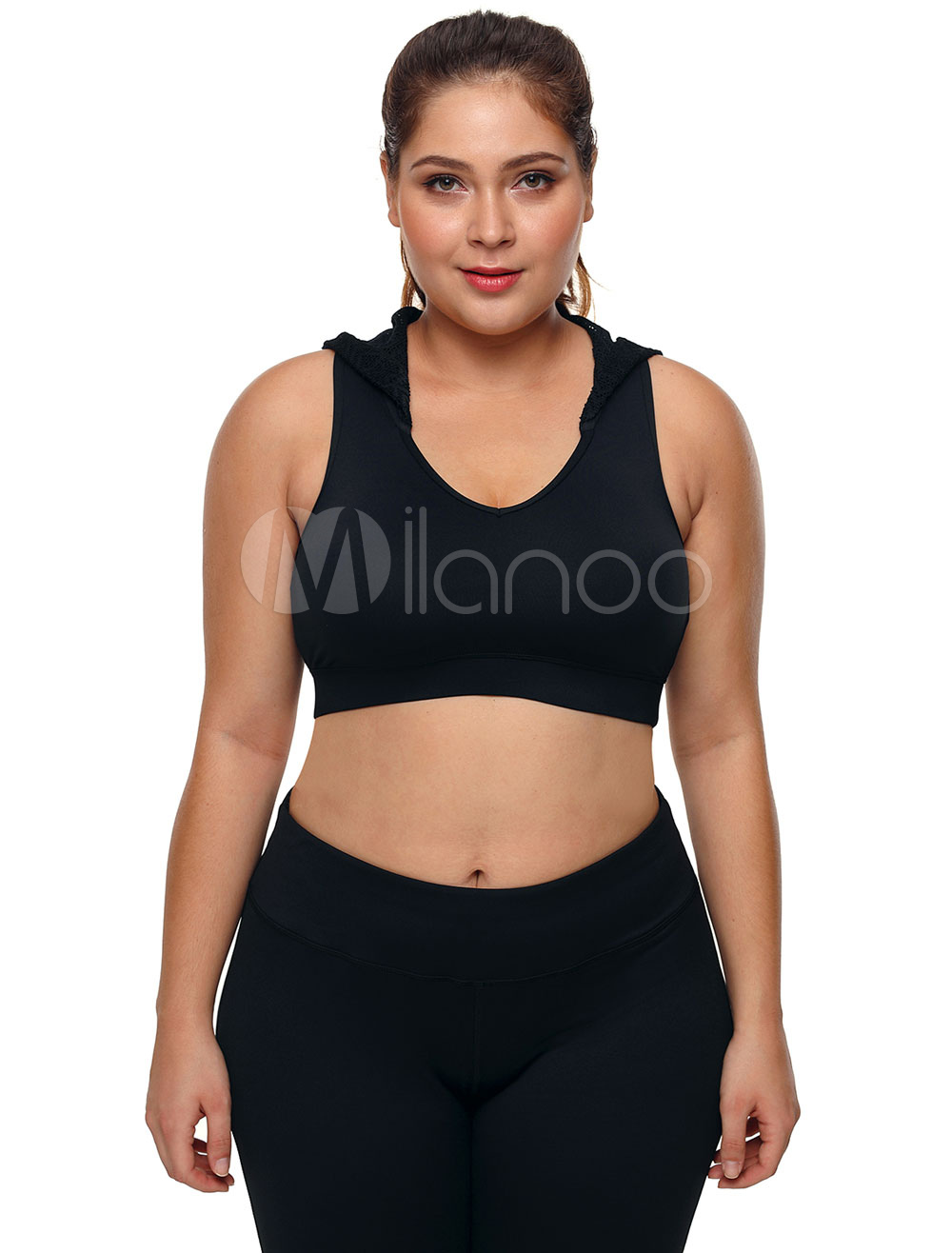 Plus Size Crop Top Black Hooded Sports Bra