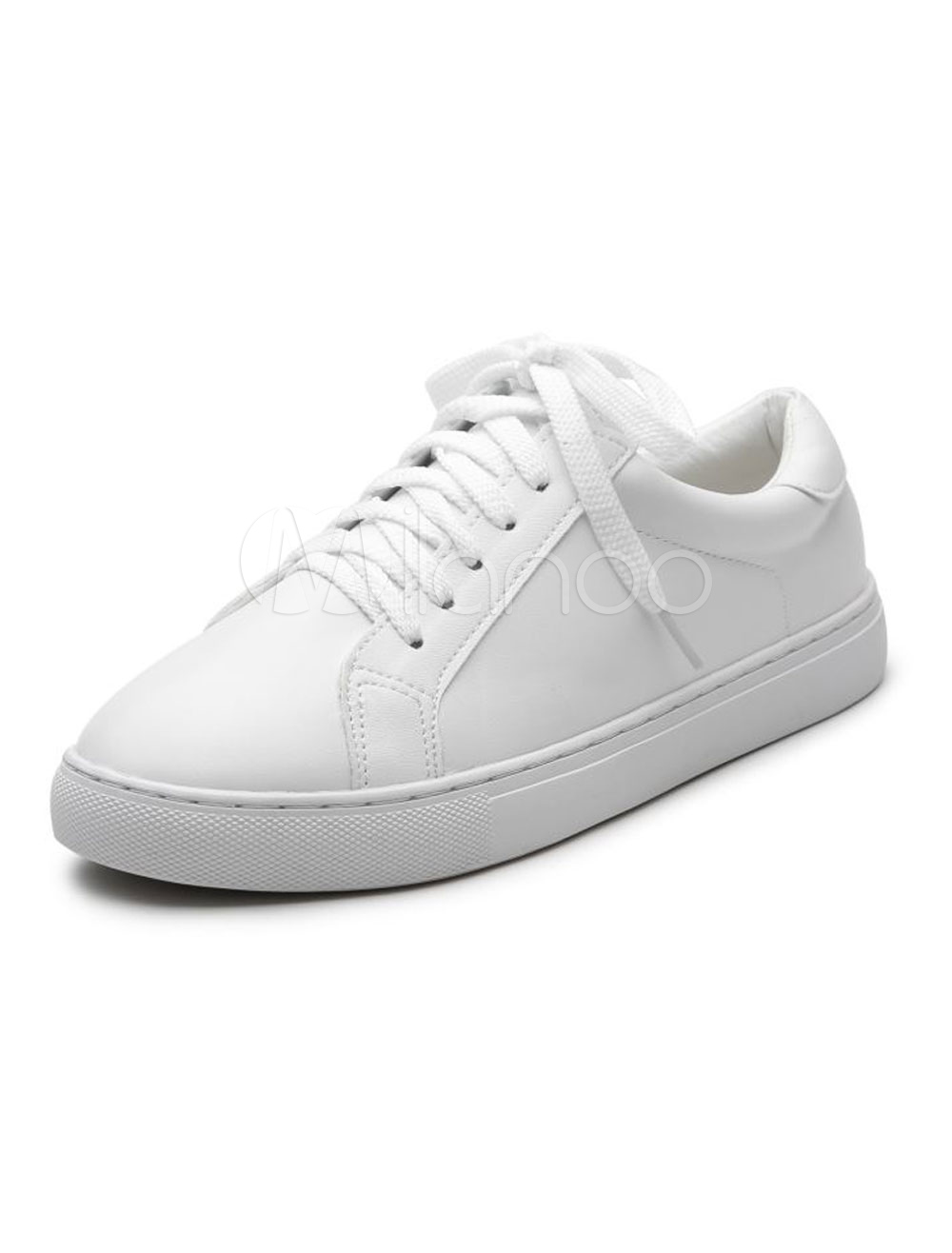 White Skate Shoes Women Round Toe Lace Up Sneakers