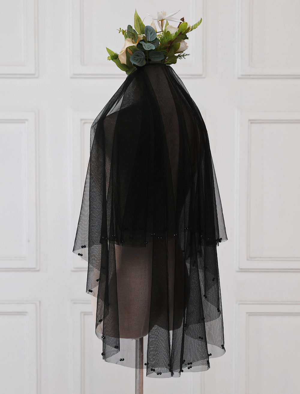 Black Wedding Veil Tulle Beaded Two Tier Bridal Veils - Milanoo.com