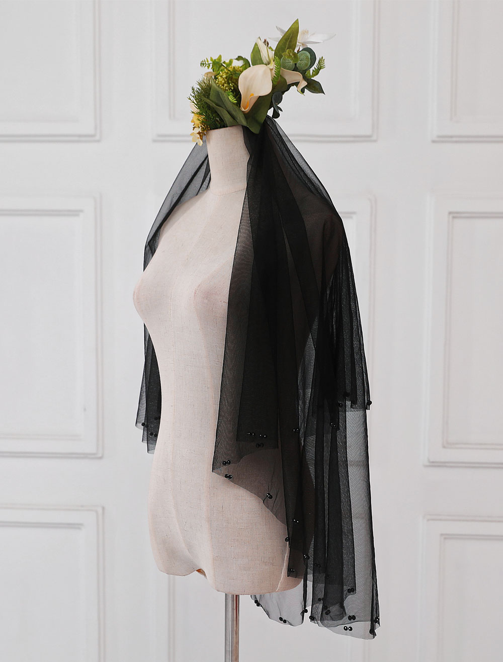 Black Wedding Veil Tulle Beaded Two Tier Bridal Veils - Milanoo.com