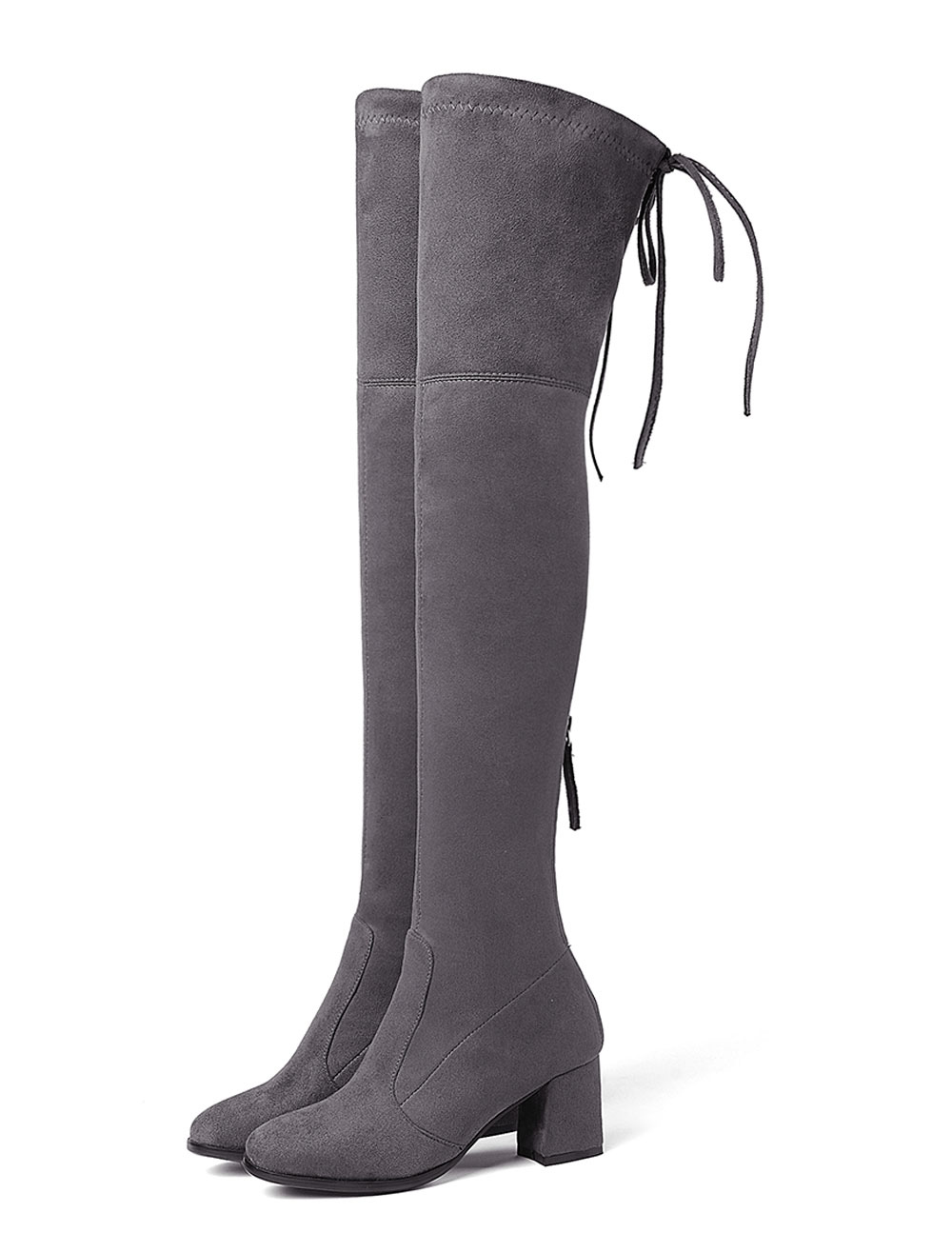 Grey Over The Knee Boots Women Round Toe Chunky Heel Stretch Thigh High Boots 9585