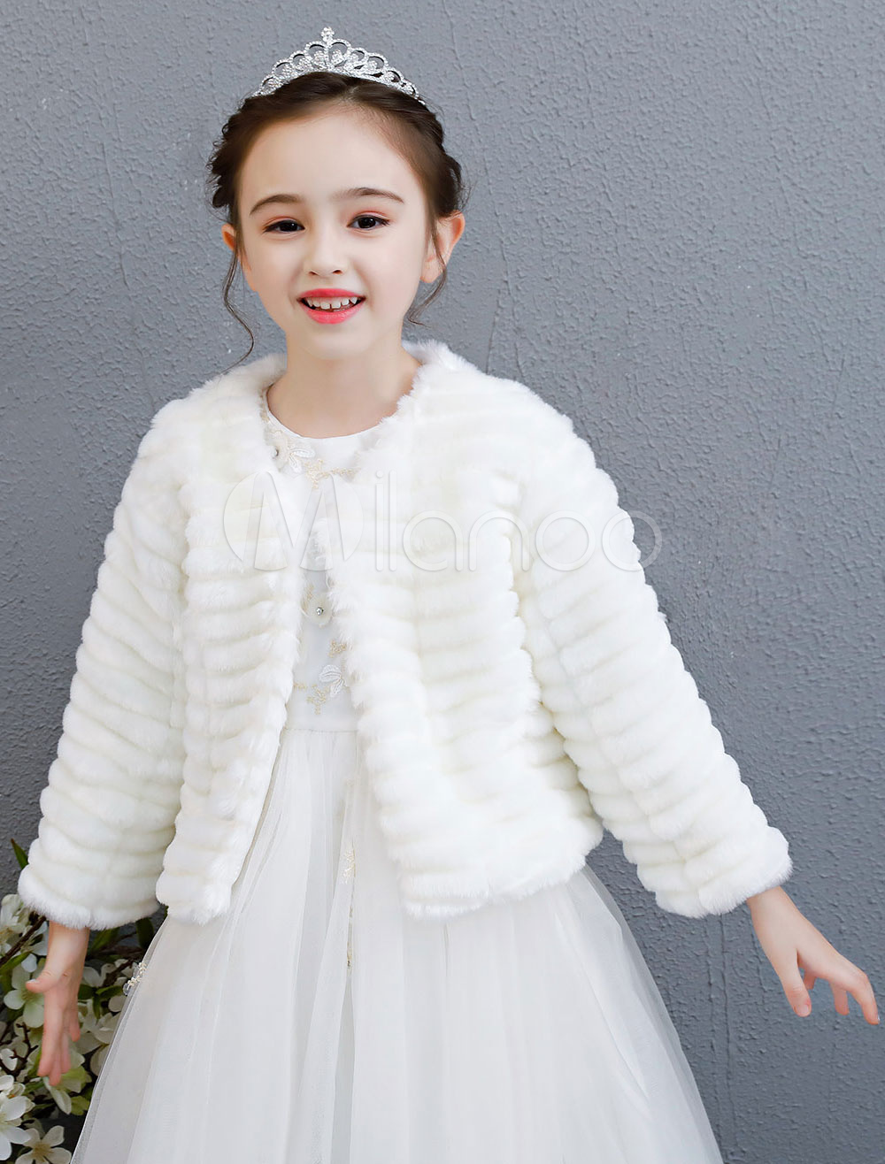 Flower Girl Jacket Faux Fur Ivory Kids Long Sleeve Winter Cover Up