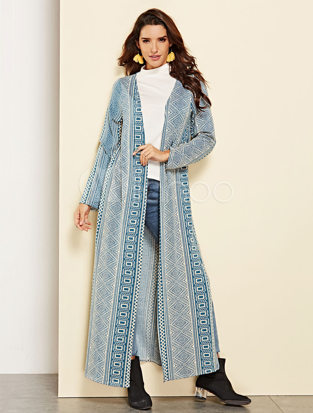 Women Duster Coat Long Sleeve Open Front Ethnic Printed Split Maxi Coat