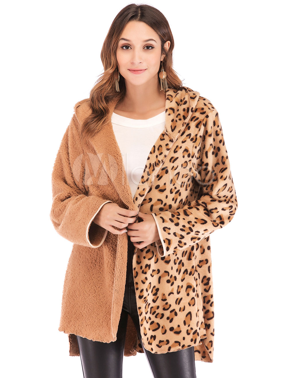 Teddy Bear Coat Leopard Patchwork Faux Fur Hooded Coat - Milanoo.com