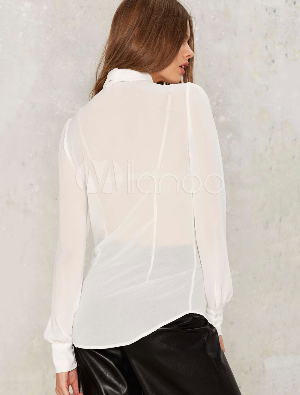 Women Sexy Blouses Long Sleeve Pussy Bow Collar Sheer Top - Milanoo.com