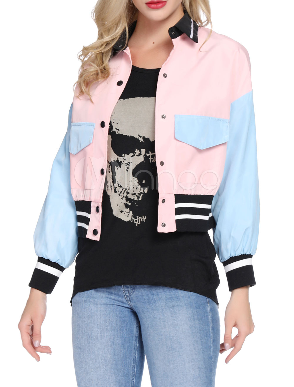 Women Varsity Jacket Turndown Collar Color Block Short Stadium Jacket