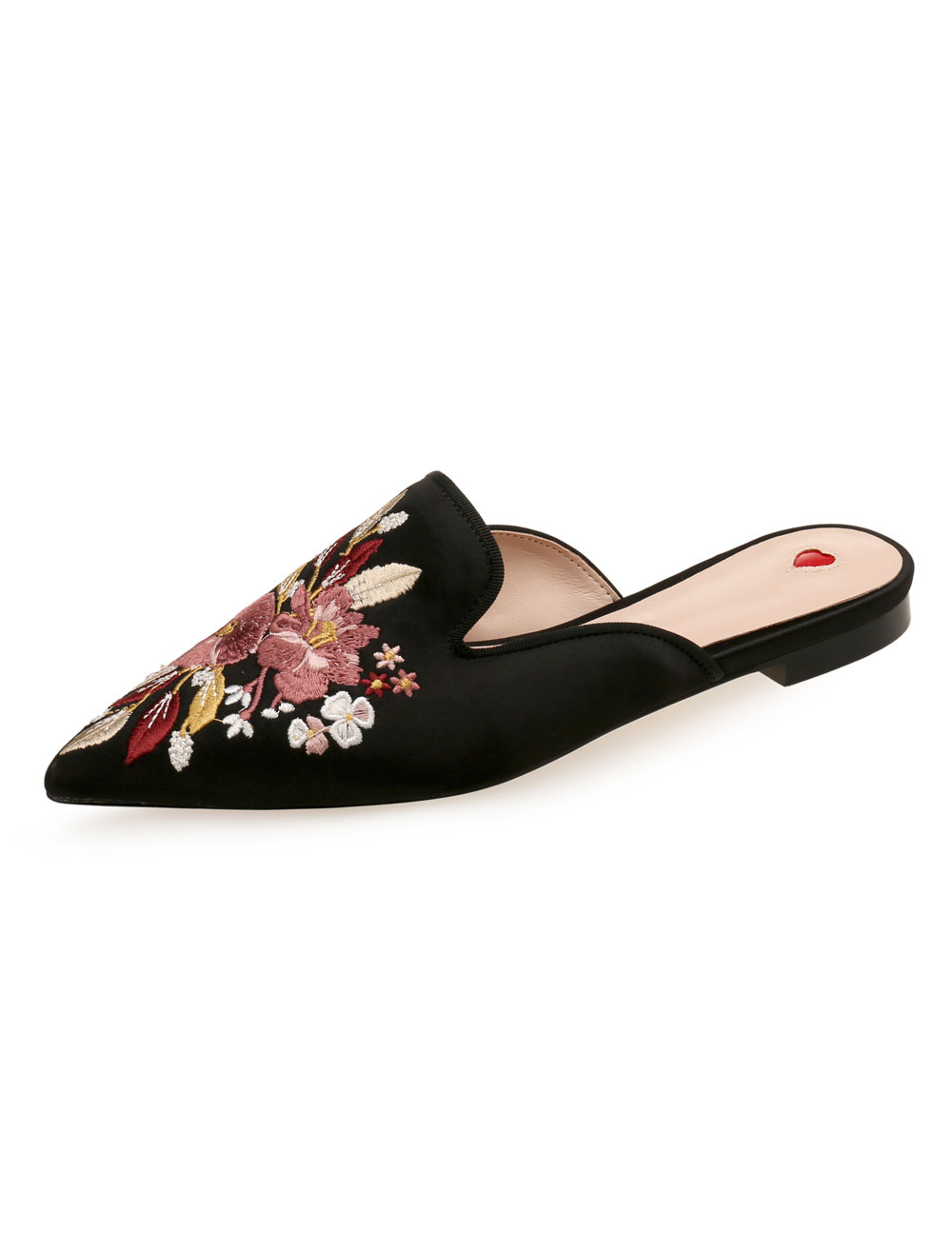 Pink Mules Shoes Satin Pointed Toe Floral Embroidered Backless Flat ...