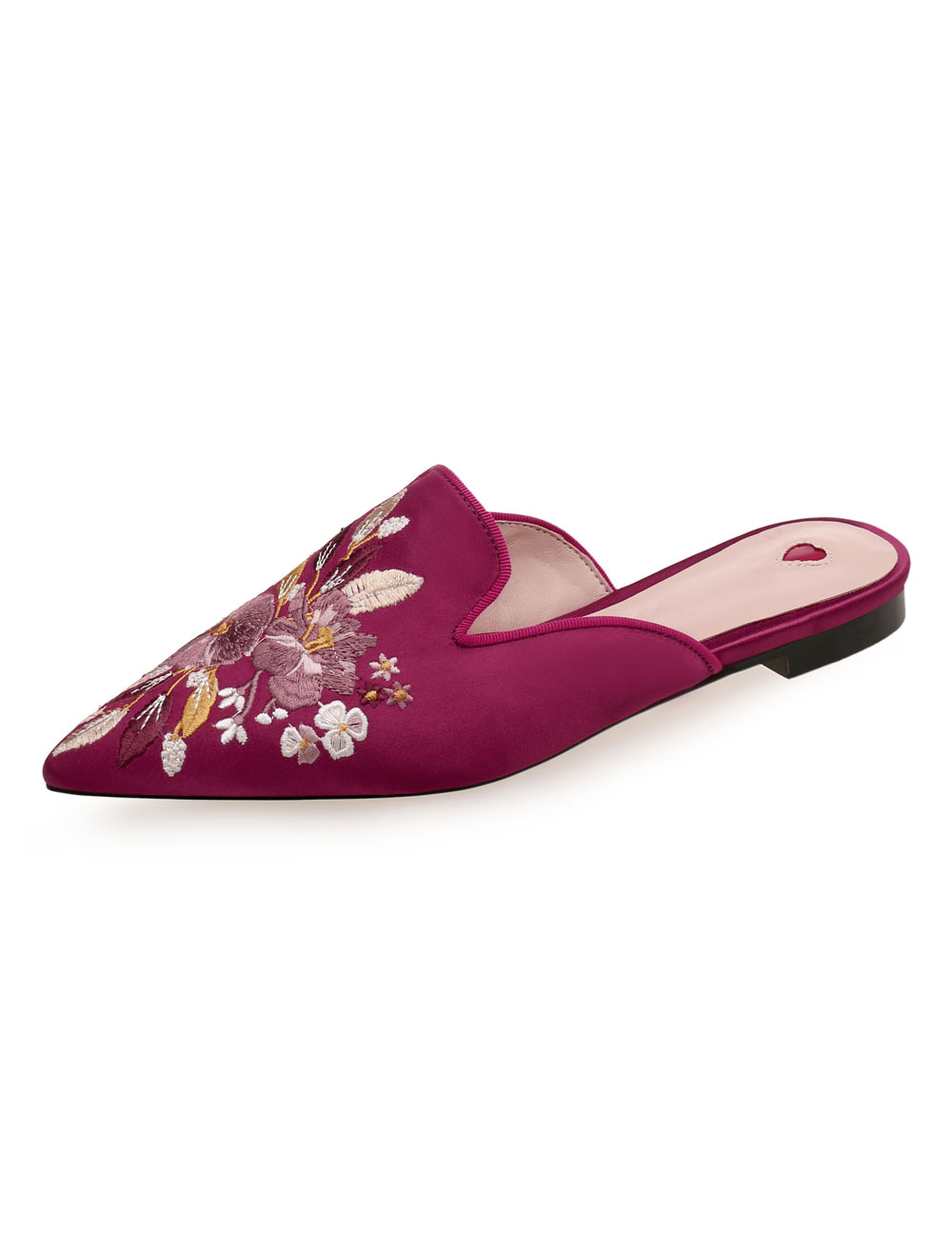 Pink Mules Shoes Satin Pointed Toe Floral Embroidered Backless Flat ...