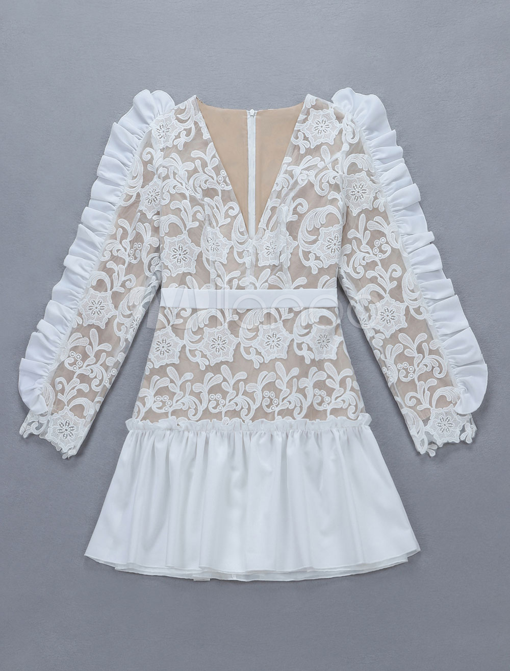 White Party Dress Long Sleeve Lace Dress Plunging Sexy Mini Dress