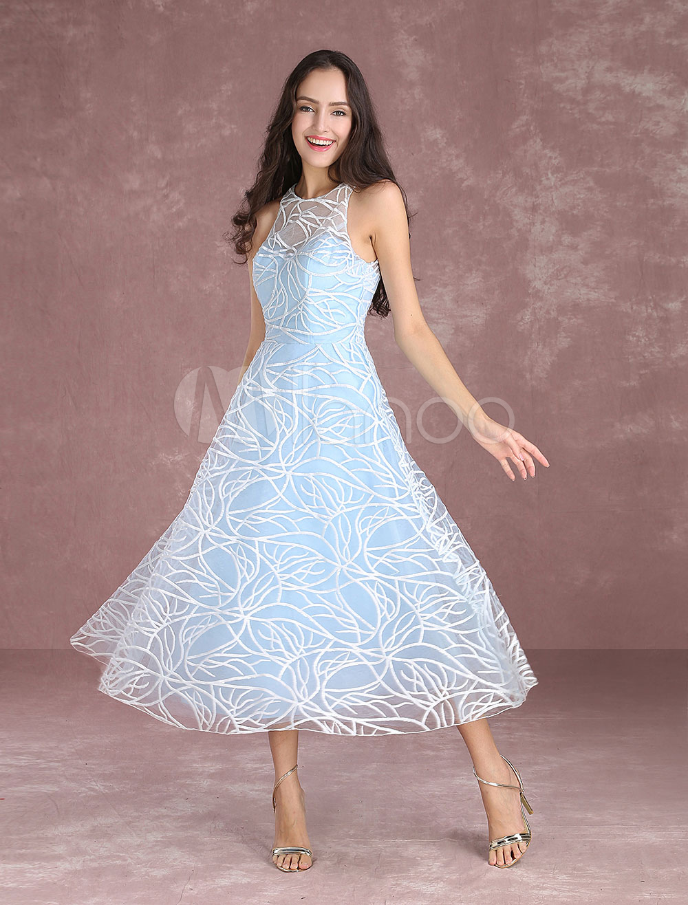Ballkleid mit Rundkragen und Pailletten wadenlang Pastellblau - Milanoo.com