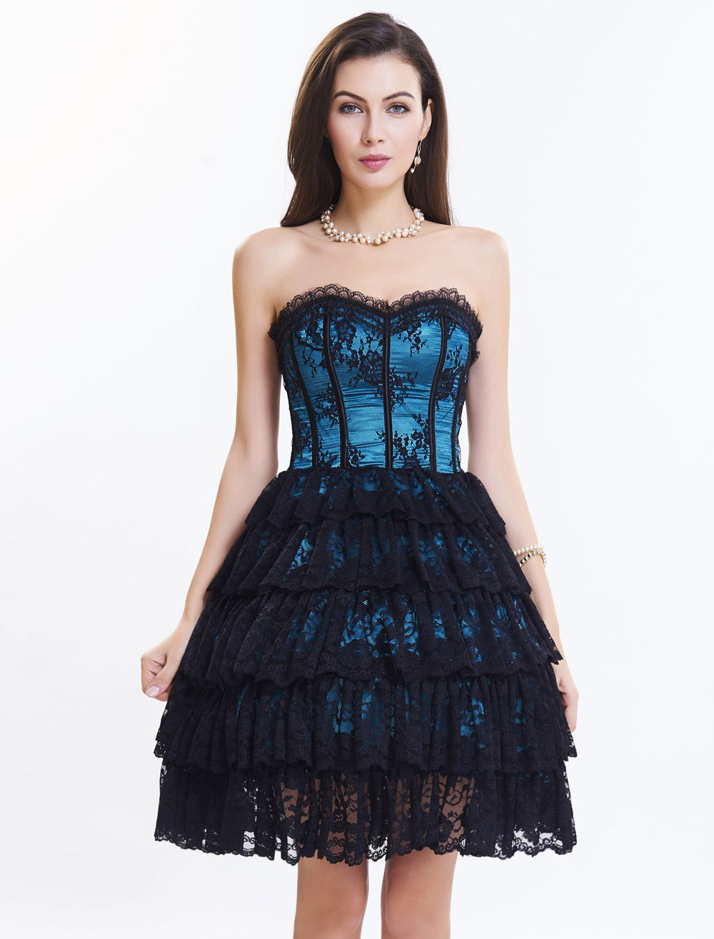 Lace Corset Dress Women's Sweetheart Lace Up Strapless Two Tone Layered Overbust Corsets