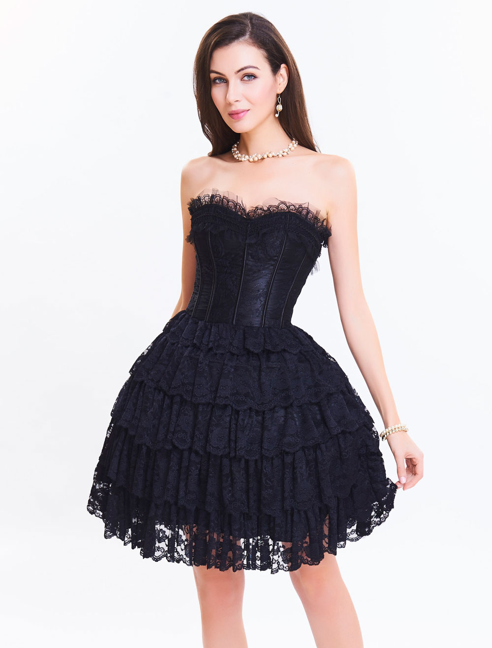 Lace Corset Dress Women's Sweetheart Lace Up Strapless Two Tone Layered ...