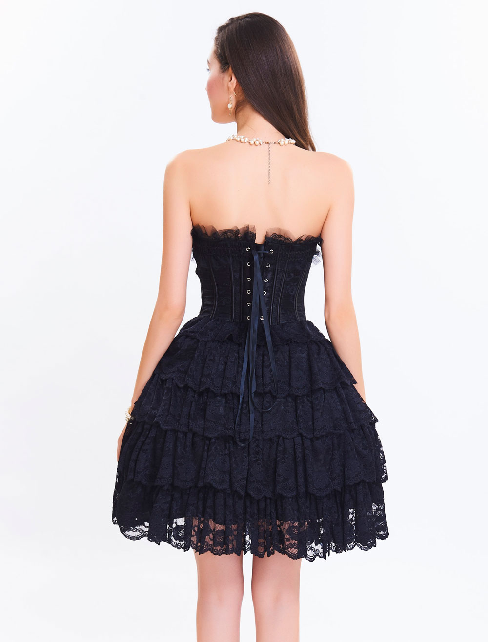 Lace Corset Dress Women's Sweetheart Lace Up Strapless Two Tone Layered ...