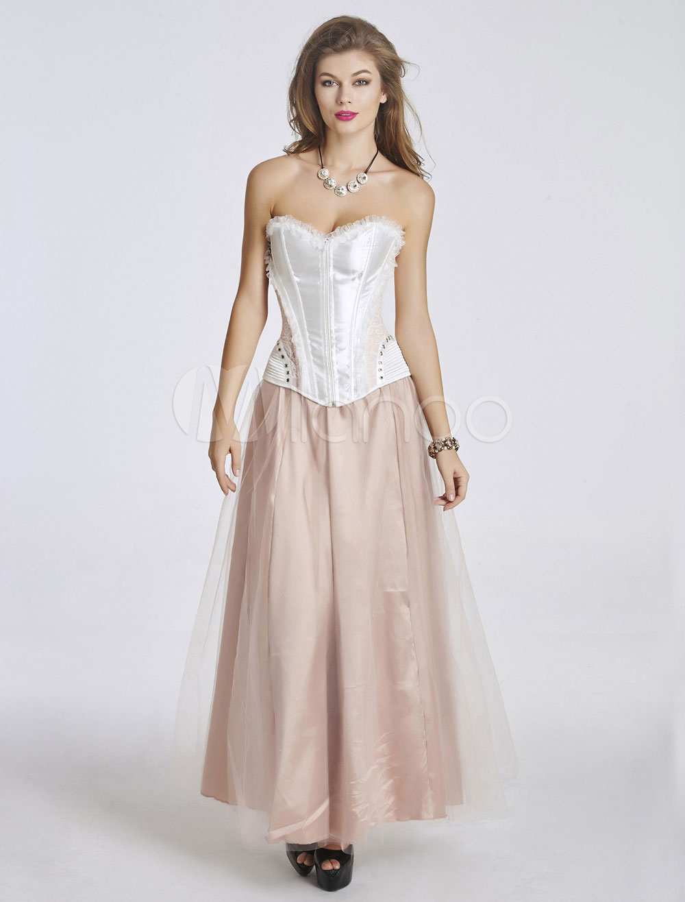 White Corset Outfits Lace 2 Piece Strapless Lace Up Corset Top And