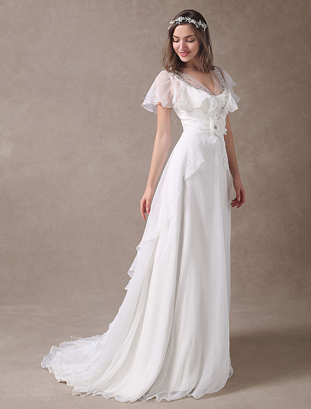 Glamorous Court Train Ivory Bridal Wedding Dress With Beading V-Neck