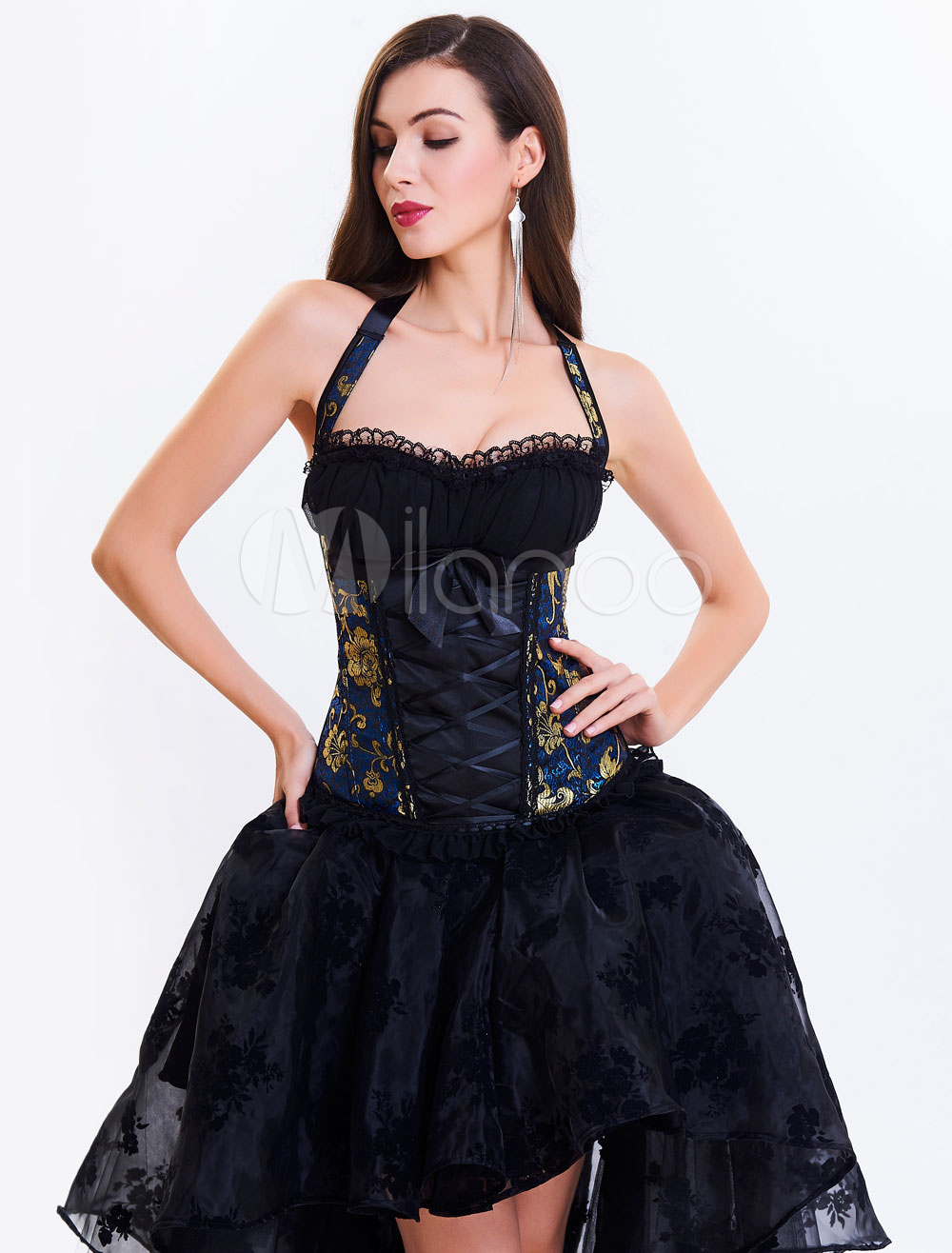 Black Underbust Corset Halter Bow Decor Lace Up Embroidered Shaping ...