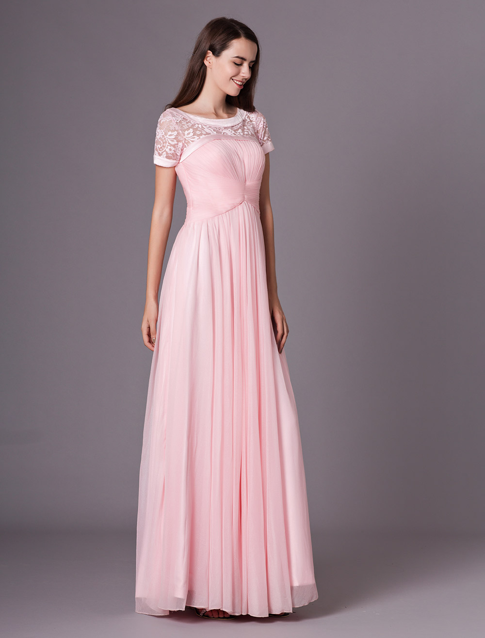 Scoop Neck Short Sleeves Ruched Shot-Silk Pink Elegant Bridesmaid Dress ...