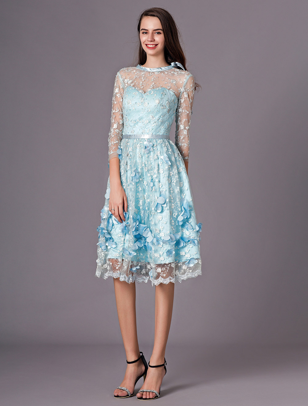 Lace Cocktail Dress Illusion 3D Flower Beaded Prom Dress Pastel Blue 3/ ...