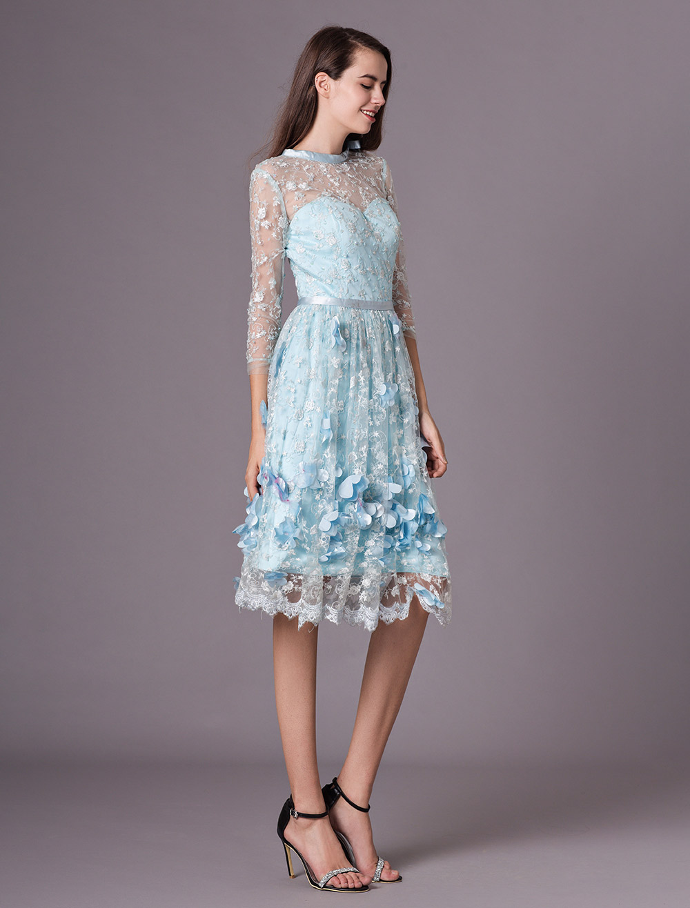 Lace Cocktail Dress Illusion 3D Flower Beaded Prom Dress Pastel Blue 3/ ...