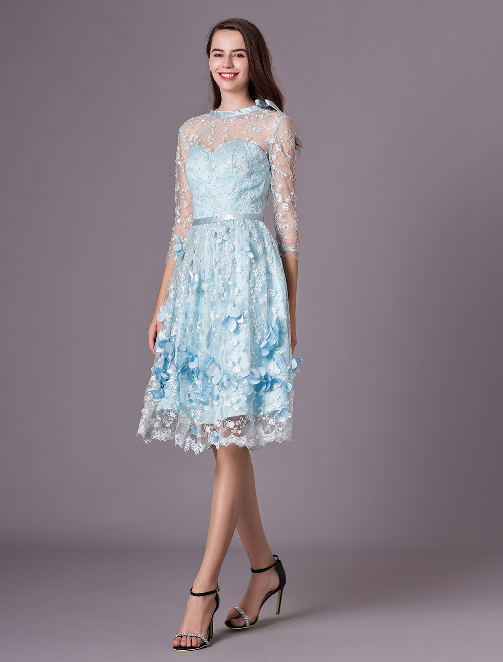 Lace Cocktail Dress Illusion 3D Flower Beaded Prom Dress Pastel Blue 3/ ...