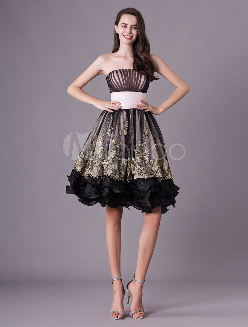 Black Strapless Sleeveless Pleated A-line Organza Prom Dress Milanoo ...