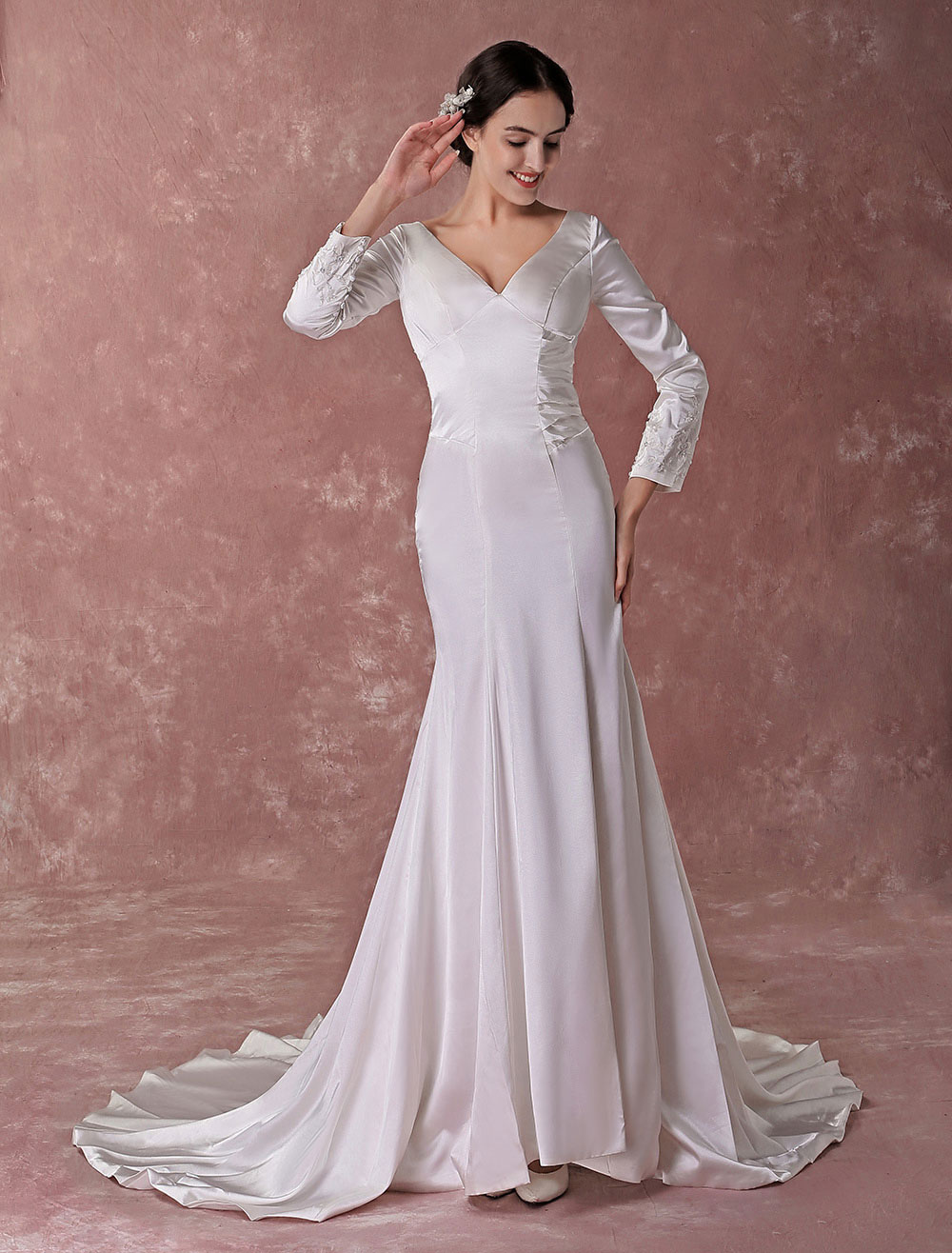 Court Train Ivory Bridal Wedding Dress with VNeck Aline Beading