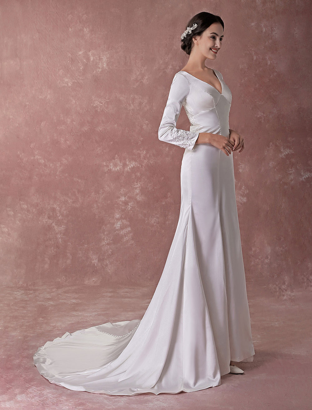 Court Train Ivory Bridal Wedding Dress with VNeck Aline Beading