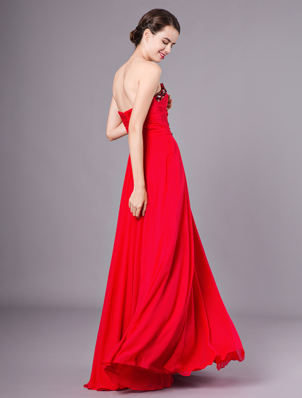 Red Floor-Length Evening Dress with Sexy Empire Waist Pleated Strapless ...