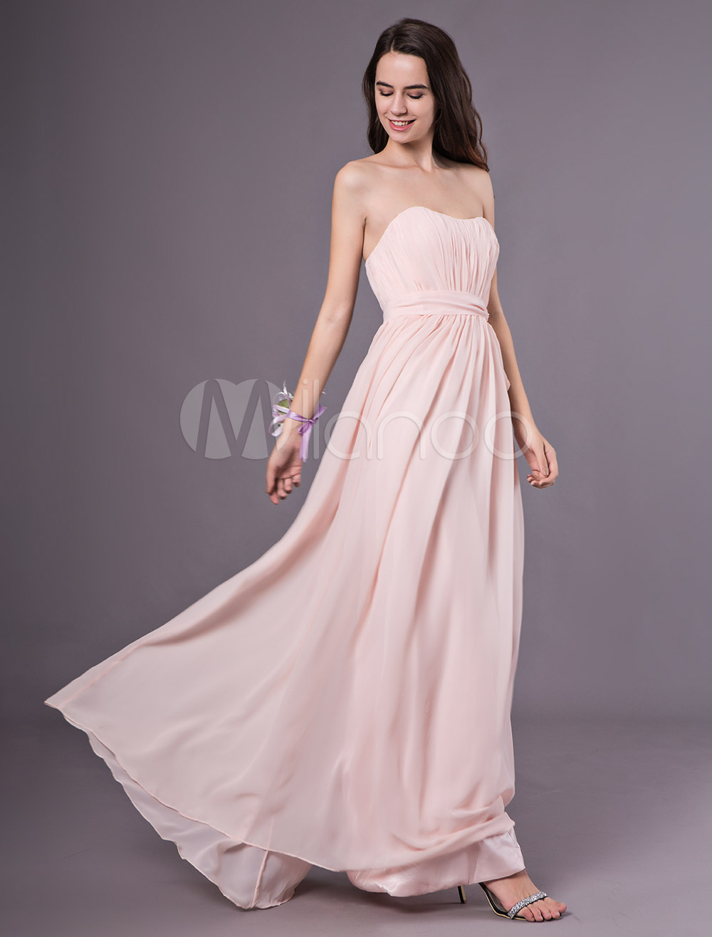 Blush Pink Peach Bridesmaid Dress Strapless Bow Sash Chiffon Maxi Prom Dress 0796