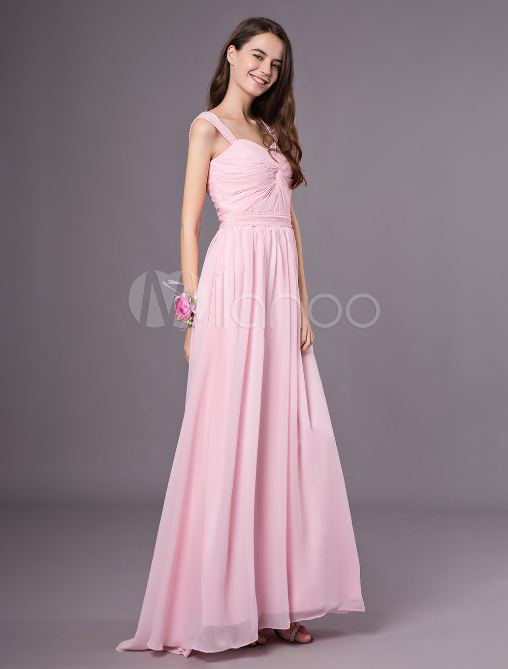 Pink Sweetheart Chiffon Floor Length Womens Bridesmaid Dress