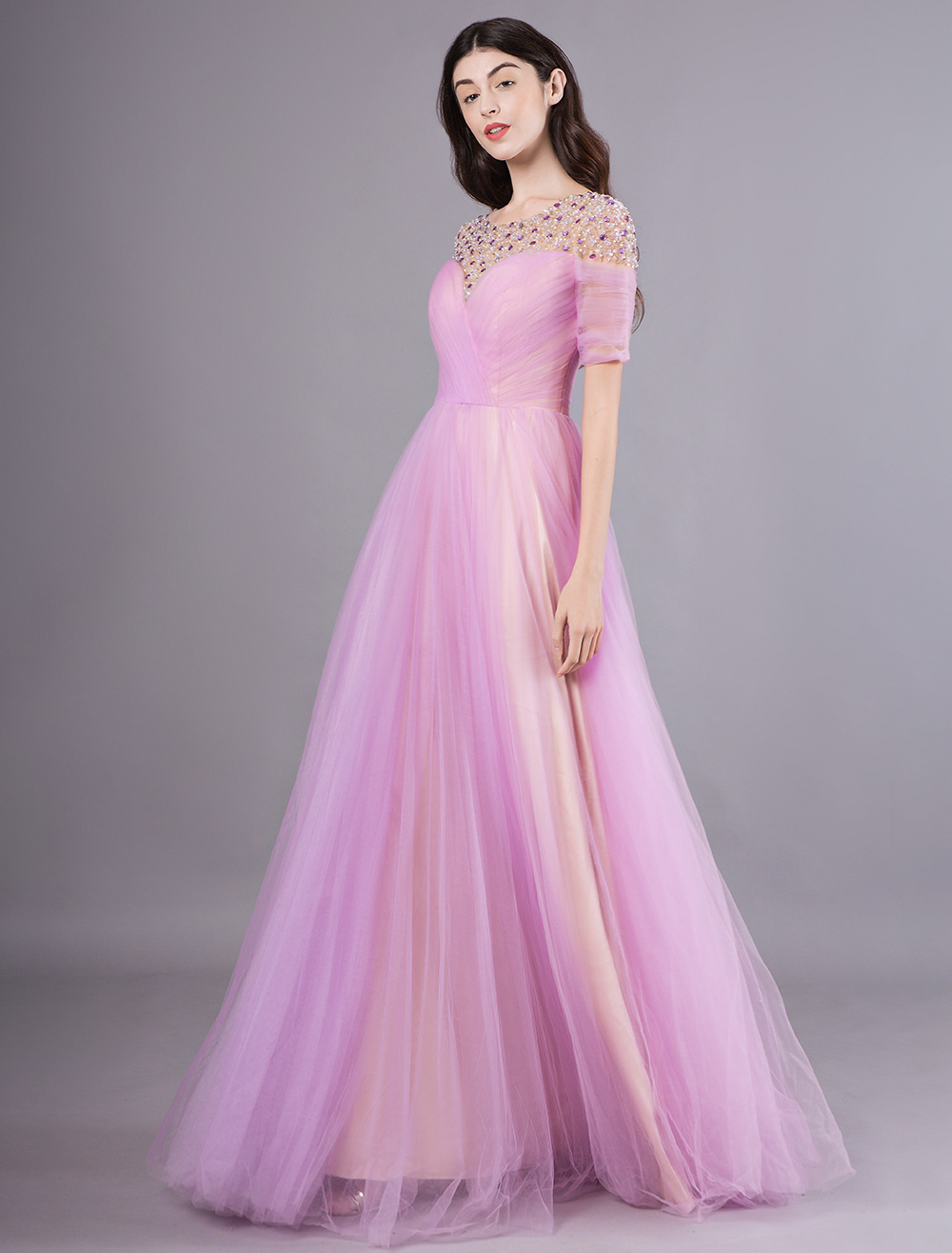 A-line Lilac Tulle Beading Jewel Neck Floor-Length Evening Dress ...