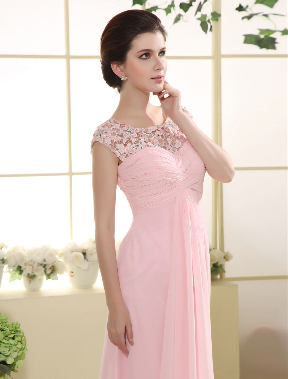 Pink Prom Dresses 2021 Long Lace Illusion Chiffon Evening Dress Ruched