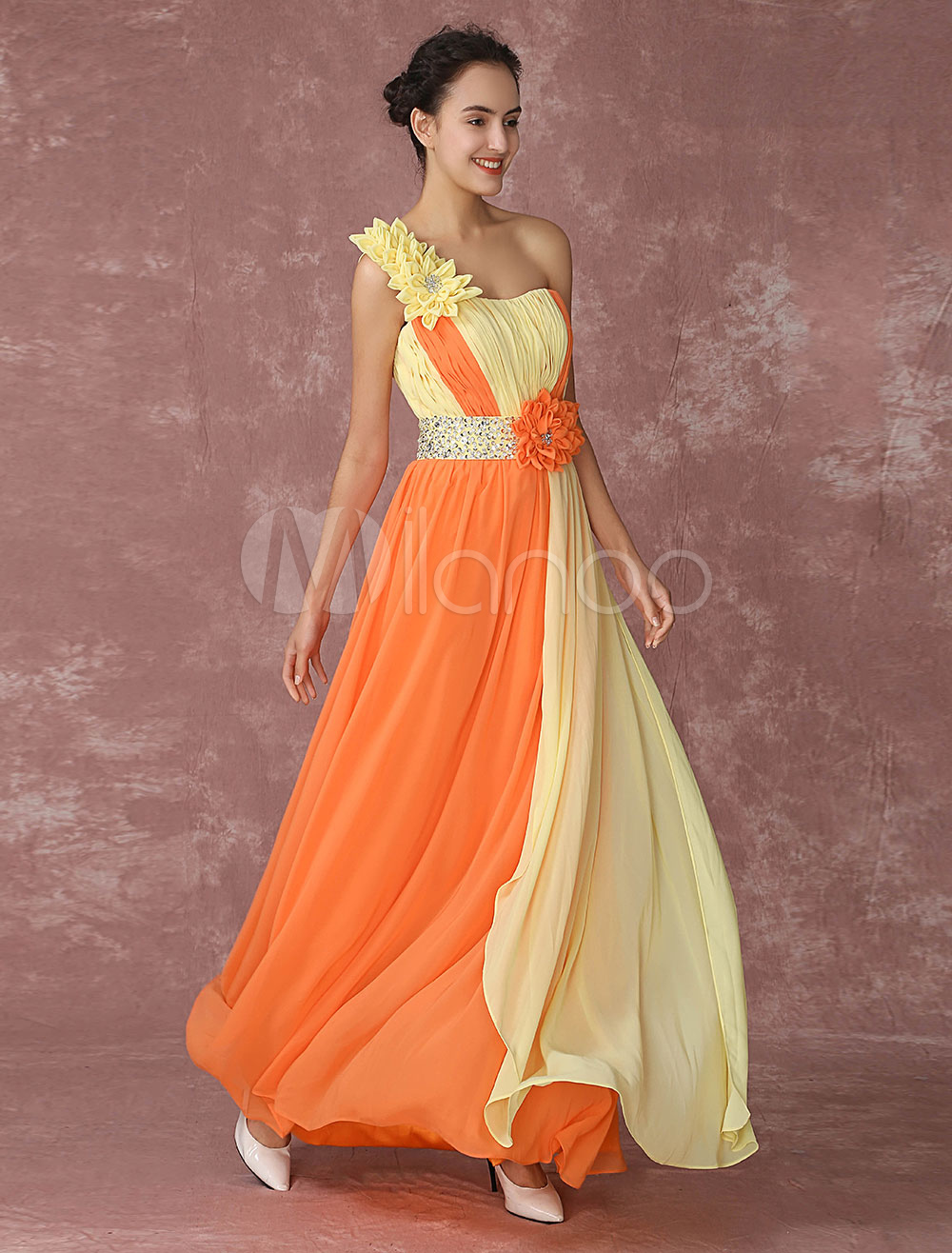 Chiffon Pageant Dress Orange Evening Dress One Shoulder A Line Maxi