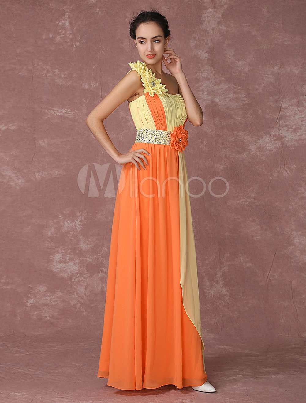 Chiffon Pageant Dress Orange Evening Dress One Shoulder A Line Maxi