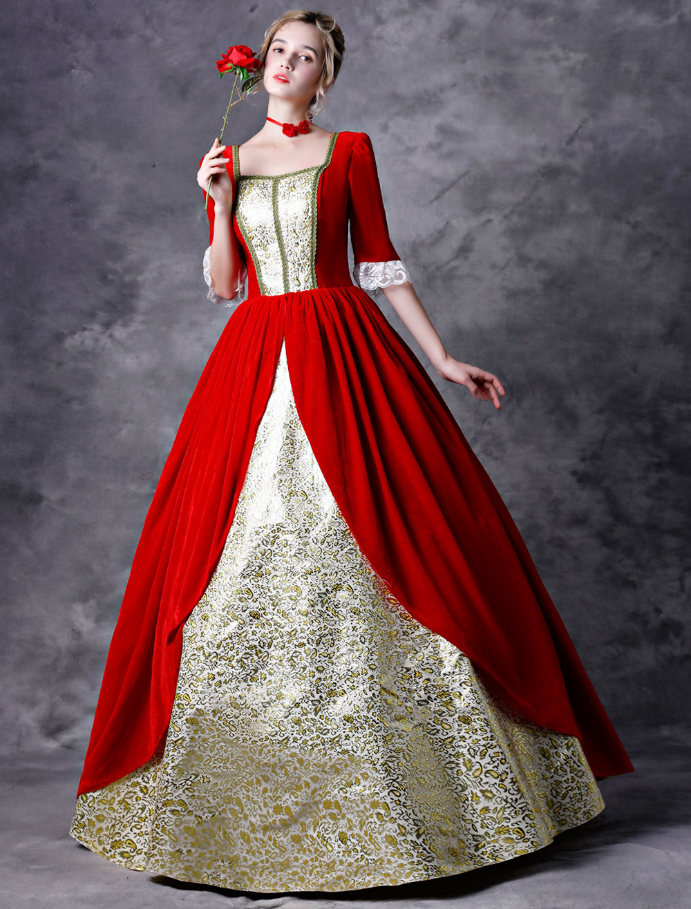 Carnevale Abito Retrò Vittoriano Costume Rosso Donna Barocco Masquerade Ball Gowns Royal Vintage 7299