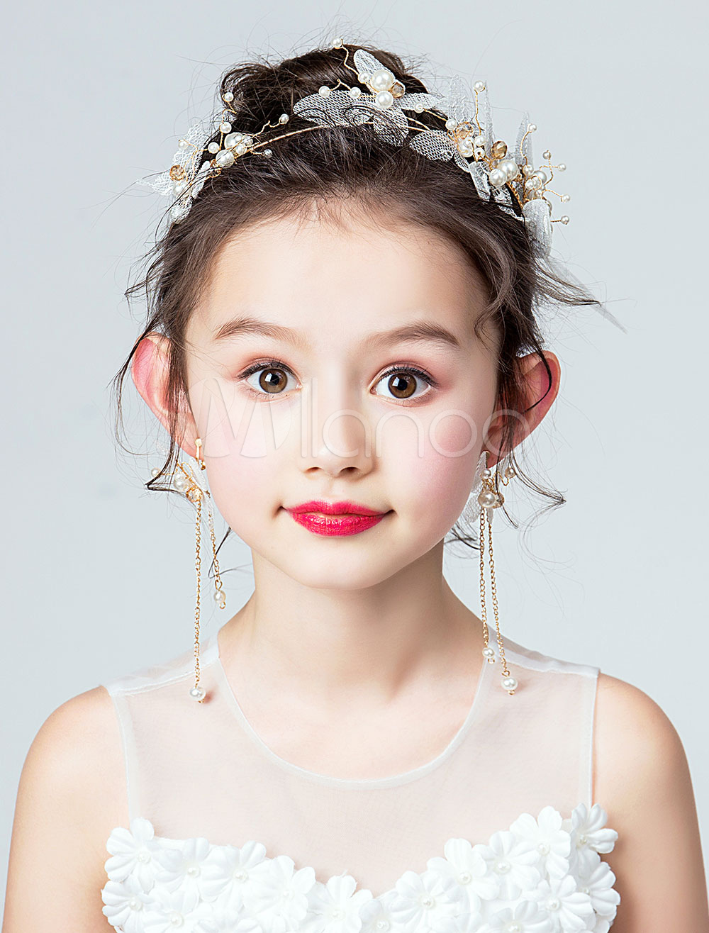 Flower Girl Headpieces Set Earrings Headband Pearls Ivory Kids Hair