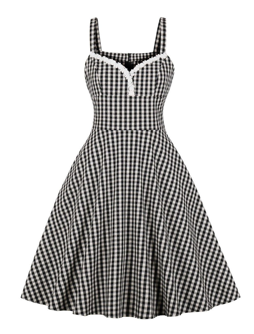 レトロワンピース チェック柄 レースアップリケ ヴィンテージ サマードレス 1950年代ノースリーブ スイングドレス Milanoo Jp