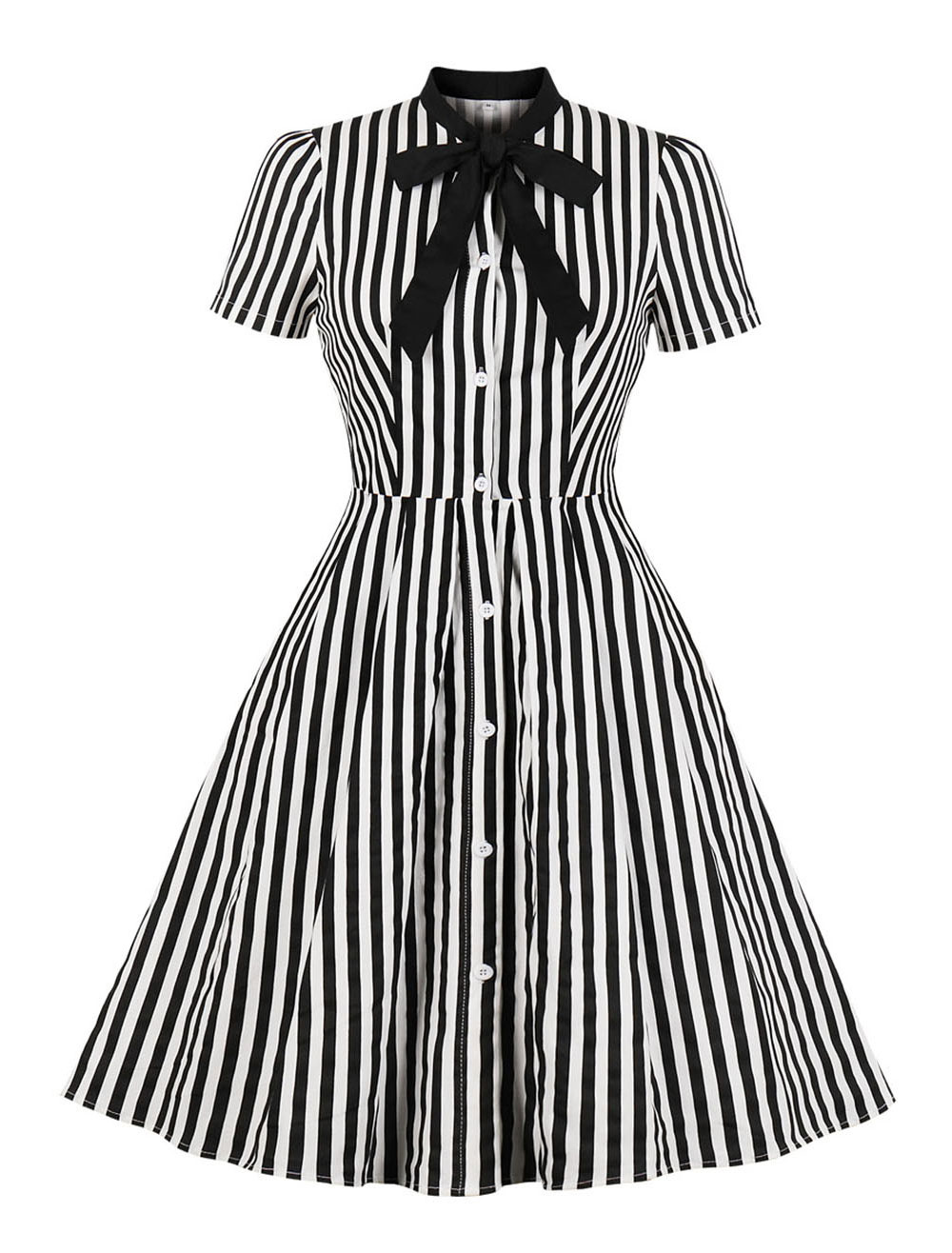 ストライプ レトロワンピース 蝶ネクタイ 半袖 ヴィンテージ シャツドレス 1950年代女性 ボタン アップドレス Milanoo Jp