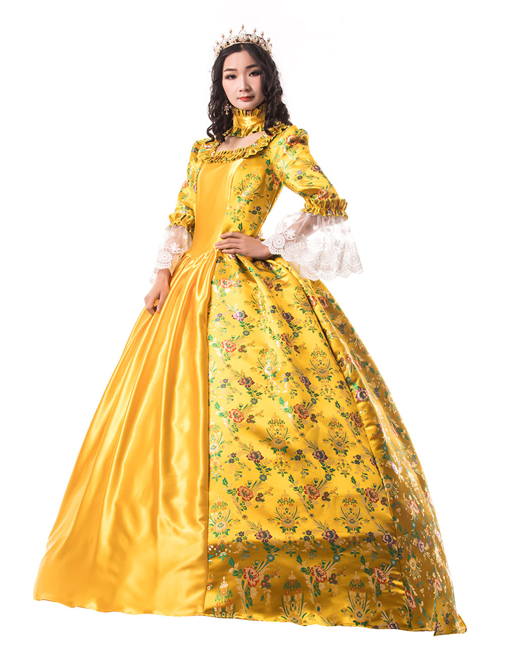 Victorian Dress Costume Womens Golden Trim Ruffle Floral Print Victorian Era Style Set Matte 