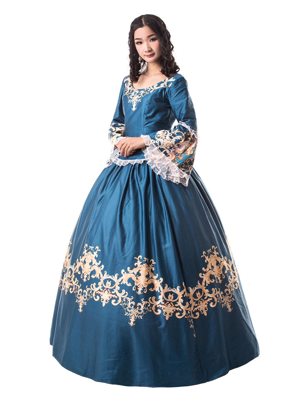 Victorian Dress Costume Women's Teal Trumpet long Sleeves Ruffle Floral