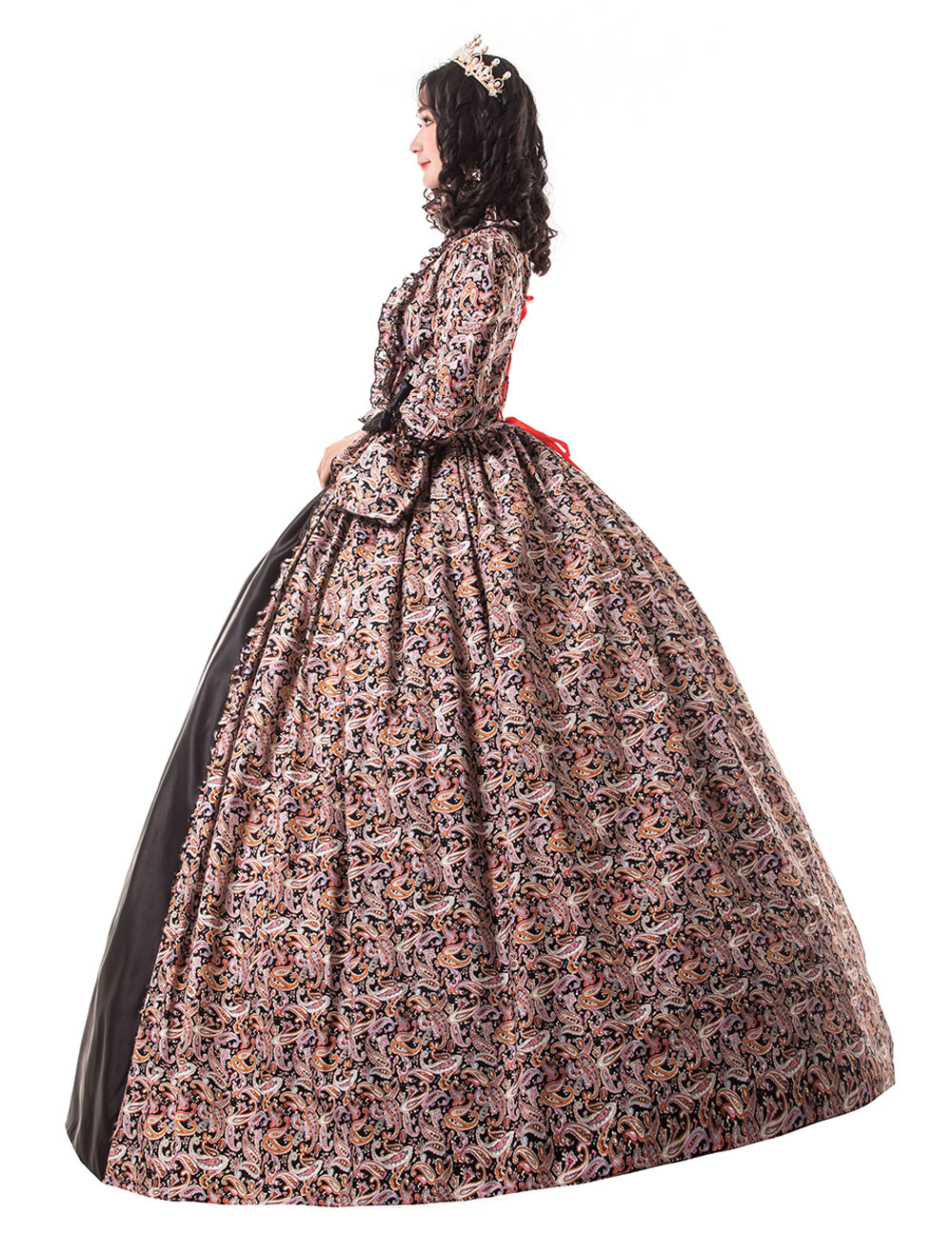 Victorian Dress Costume Women's Black Gold Trumpet Long Sleeves Ruffle